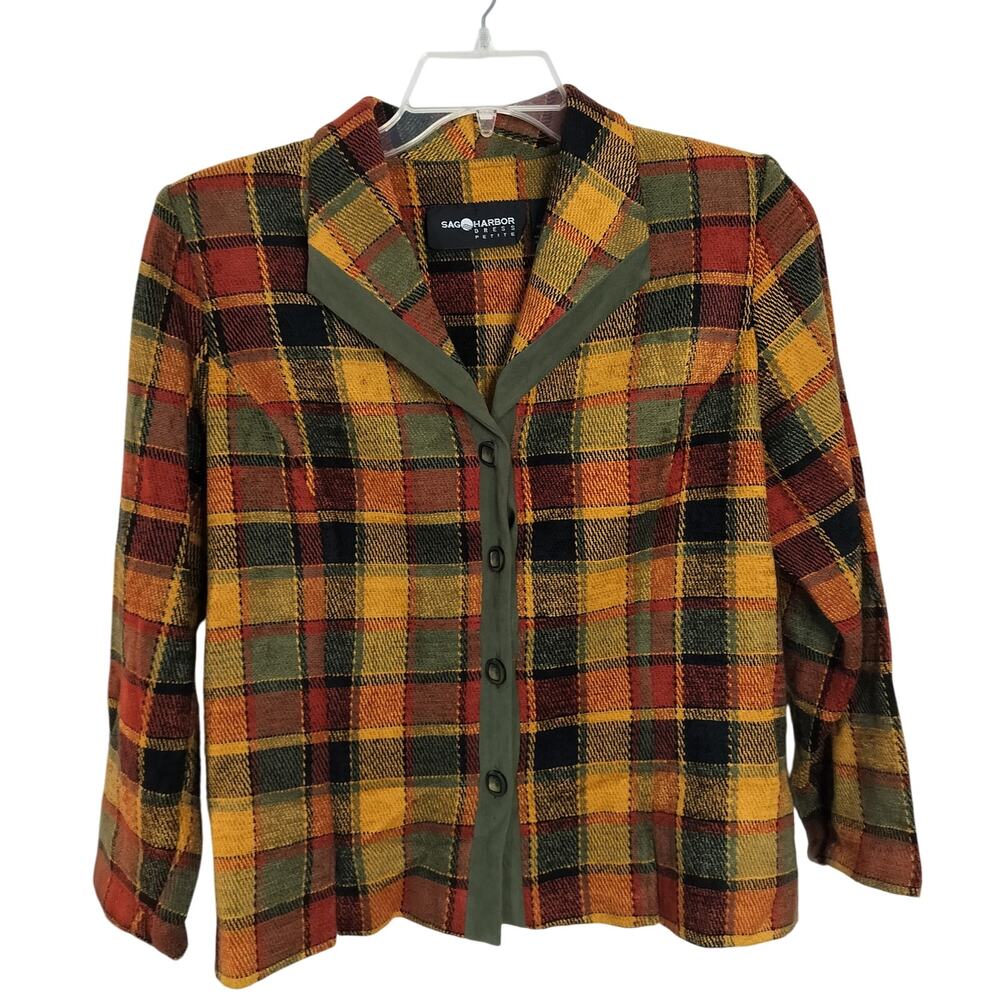 4505) Vintage Sag Harbor Petite Multicolor Plaid Velvet Collar Preppy Jacket 12P